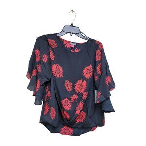 Vince Camuto XS Black & Red Floral Blouse With Ruffled Sleeves & Draped Front De